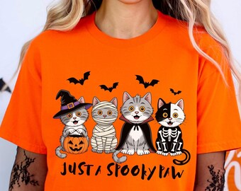 Camiseta de gatos de Halloween, linda y espeluznante camiseta para amantes de los gatos, divertida camiseta Gildan de esqueleto de calabaza de otoño