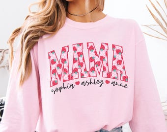 Mama with Kids Name Sweatshirt, Floral Mama Shirt, Mother's Day Sweatshirt, Strawberry Mama Tee, Mom Life Shirt, Mom Family Trip Shirt