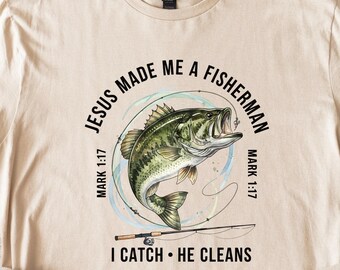Christian Fishing T-shirt, Fishers of Men Tee, Outdoors Faith Shirt, Jesus Tee, Bible Verse Markos 1:17, Father's Day Gift for Him