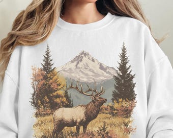 Retro Elk Sweatshirt Vintage Fall Hunter Scene Sweater 90s Bull Forest Nature Outfit Crewneck Americana Nostalgia Elk Deer Sweatshirt