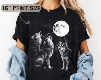 Vintage Wolf Moon Graphic T-Shirt, Howling Wolves Night Sky Tee, Celestial Wolf Art Comfort Colors Shirt