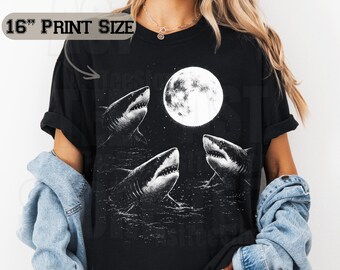 Vintage Shark Moon Graphic T-Shirt, Celestial Shark Night Ocean Tee, Mystic Sea Predator Comfort Colors Shirt