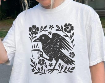 Chemise bohème corbeau, amateur de café oiseau, oversize, femme, homme, t-shirt couleurs confort