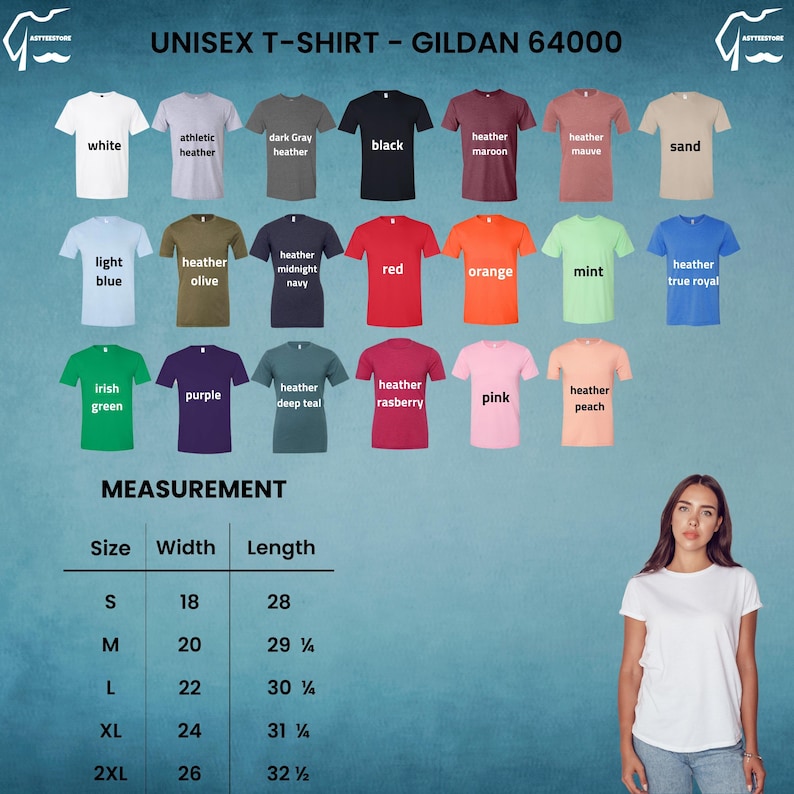 Op de afbeelding: Een verscheidenheid aan unisex Gildan 64000 t-shirts in verschillende kleuren, waaronder wit, zwart, rood en blauw. De afbeelding toont een maattabel met afmetingen in centimeters. Een vrouw draagt een wit t-shirt in de rechter benedenhoek.