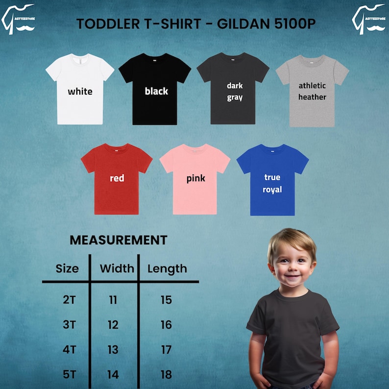 Op de afbeelding: Een selectie van peuter-T-shirts in verschillende kleuren, waaronder wit, zwart, rood, roze en blauw. De afbeelding toont ook een maattabel met afmetingen in centimeters voor breedte en lengte, vari&euml;rend van 28 cm tot 36 cm breed en 38 cm tot 46 cm lang.