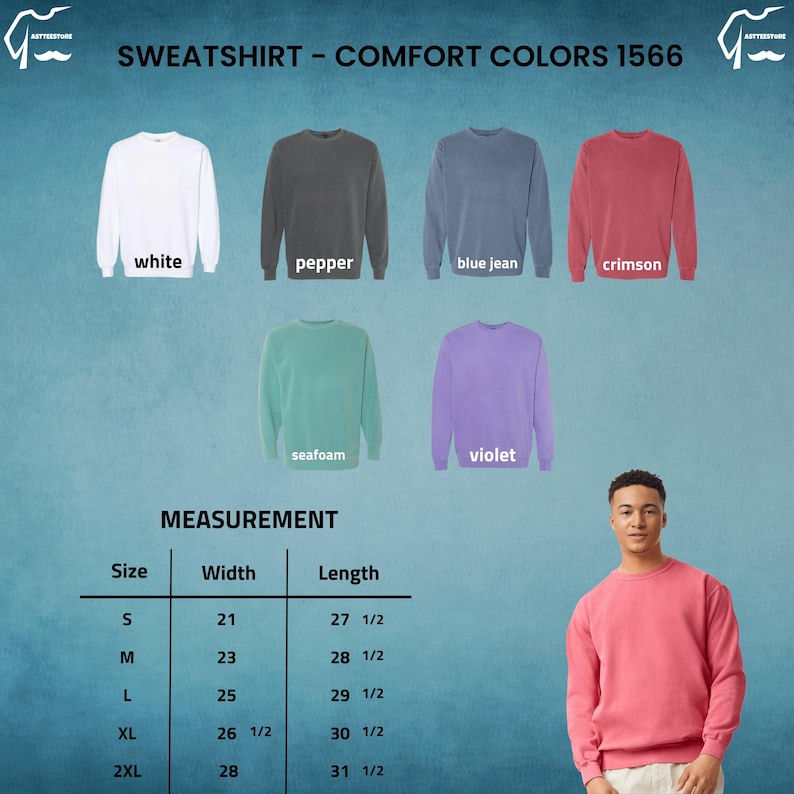 Puede incluir: Exhibici&oacute;n de sudaderas Comfort Colors 1566 en blanco, pimienta, azul vaquero, carmes&iacute;, espuma de mar y violeta. Una tabla de medidas muestra las tallas S a 2XL con ancho y largo en cm. Una persona lleva una sudadera carmes&iacute;.