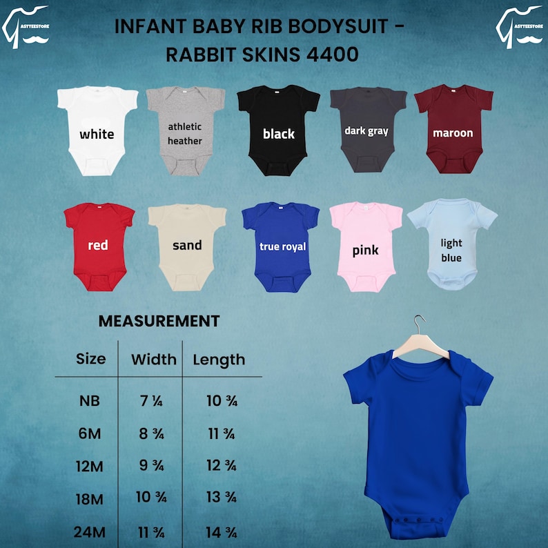 Op de afbeelding: Baby rib bodysuit in diverse kleuren, waaronder wit, zwart en koningsblauw. De afbeelding toont een maattabel met afmetingen in cm. De tekst luidt "Rabbit Skins 4400".
