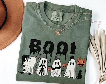 Camisa de Halloween con gato negro y fantasma Comfort Colors®: camiseta de temporada espeluznante, linda camiseta de otoño para mujer, divertido regalo para mamá gata