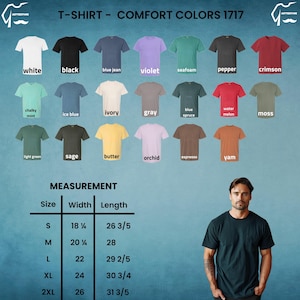 Puede incluir: Una exhibici&oacute;n de camisetas Comfort Colors 1717 en varios colores, incluyendo blanco, negro y azul vaquero. La imagen tambi&eacute;n muestra una tabla de medidas con tallas que van desde la S hasta la 2XL, con anchos de 46.36 cm a 66.04 cm y largos de 67.63 cm a 80.96 cm.