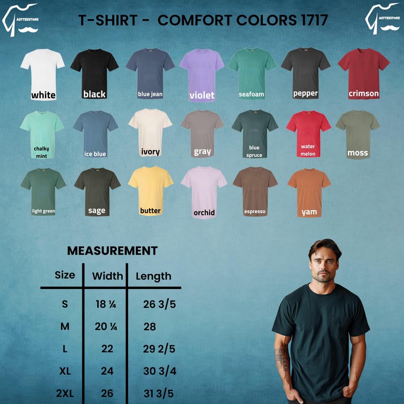 Puede incluir: Una exhibici&oacute;n de camisetas Comfort Colors 1717 en varios colores, incluyendo blanco, negro y azul vaquero. La imagen tambi&eacute;n muestra una tabla de medidas con tallas que van desde la S hasta la 2XL, con anchos de 46.36 cm a 66.04 cm y largos de 67.63 cm a 80.96 cm.