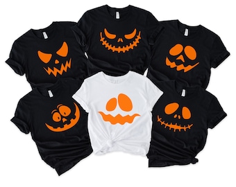 Camisetas familiares con cara de calabaza, divertidas camisetas grupales de Halloween 2025, camiseta de disfraz de otoño a juego, camiseta de truco o trato