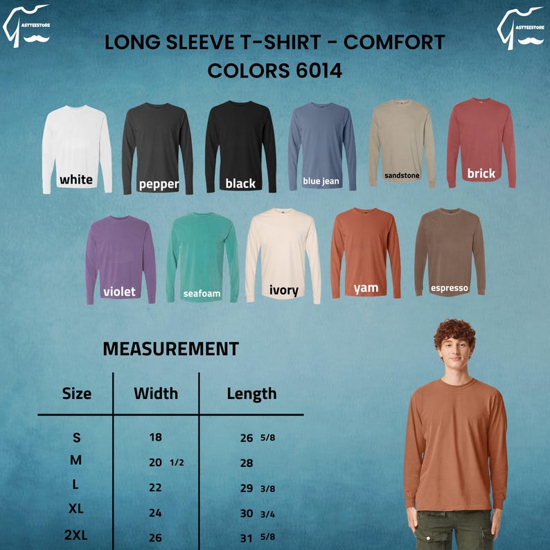 Puede incluir: Imagen de camisetas de manga larga en varios colores, como blanco, negro y azul. Una tabla de tallas muestra las medidas en cent&iacute;metros, con anchos de 45,7 cm a 66 cm y largos de 67,6 cm a 80,3 cm. El texto dice "LONG SLEEVE T-SHIRT - COMFORT".
