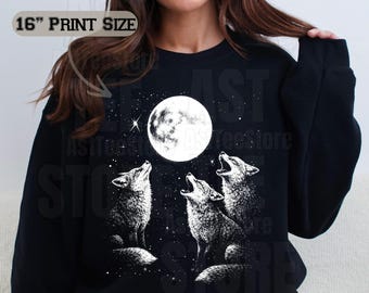 Vintage Fox Moon Graphic Sweatshirt, Howling Foxes Night Sky Crewneck, Celestial Fox Art Mystic Animal Pullover