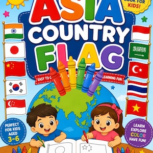 Pode incluir: Um livro de colorir intitulado ASIA COUNTRY FLAG apresentando um mapa da Ásia, várias bandeiras nacionais e ilustrações de duas crianças colorindo. A capa inclui texto colorido, giz de cera e um ícone de sol, com o autor Divya N.