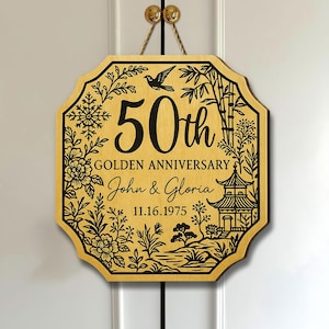 Chinoiserie 50th Anniversary wooden sign, 50 Years Married Wedding Anniversary Gift, 50th Anniversary Present, Gold Anniversary  Wedding