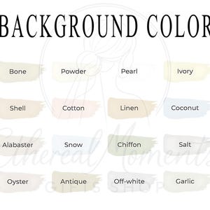 Pu&ograve; includere: Una tabella colori intitolata "BACKGROUND COLOR" con varie campionature di vernice. I campioni mostrano nomi come "Oatmeal", "Bone", "Powder" e "Pearl". La tabella include una gamma di colori neutri e pastello, ideale per progetti di design.