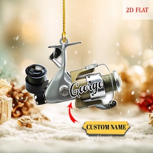 Adorno navideño de carrete de pesca personalizado, decoración para árbol, plano 2D, regalo personalizado para pescador, recuerdo navideño 2025