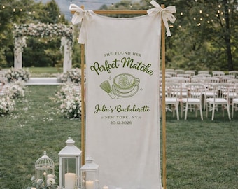 Cartello di benvenuto personalizzato per addio al nubilato, striscione per festa di addio al nubilato con nome personalizzato, cartello "Ha trovato il suo matcha perfetto", decorazioni per addio al nubilato.