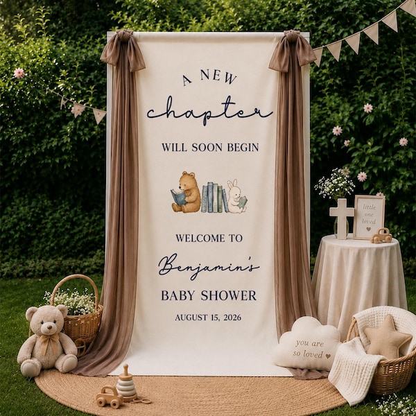 Banner de boas-vindas personalizado para chá de bebê, placa com tema de livro infantil "Um Novo Capítulo", decoração personalizada para chá de bebê de menino, cenário de livro de histórias.