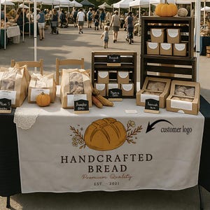 May include: A farmer's market display featuring handcrafted bread. The table is covered with a white tablecloth with a bread illustration and the text "HANDCRAFTED BREAD". Various loaves and baked goods are displayed in paper bags and boxes, with small chalkboard signs.