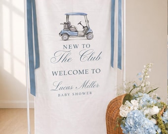 Striscione personalizzato per baby shower per maschietto, cartello di benvenuto "Nuovo arrivato nel club", decorazioni blu per baby shower, striscione di benvenuto per baby shower in lino con nome personalizzato