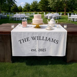 Pu&ograve; includere: Un runner da tavolo bianco con la scritta "THE WILLIAMS est. 2025" &egrave; esposto su un tavolo di legno. Una torta rosa a due livelli &egrave; su un supporto dorato. Una teiera bianca, una tazza da t&egrave; e candele sono anche sul tavolo.