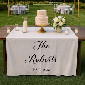 Linen Custom Family Name Table Sign, Table Runner Banner, Elegant Reception sign, custom Reception  Wedding Table Signage, Rustic Wedding