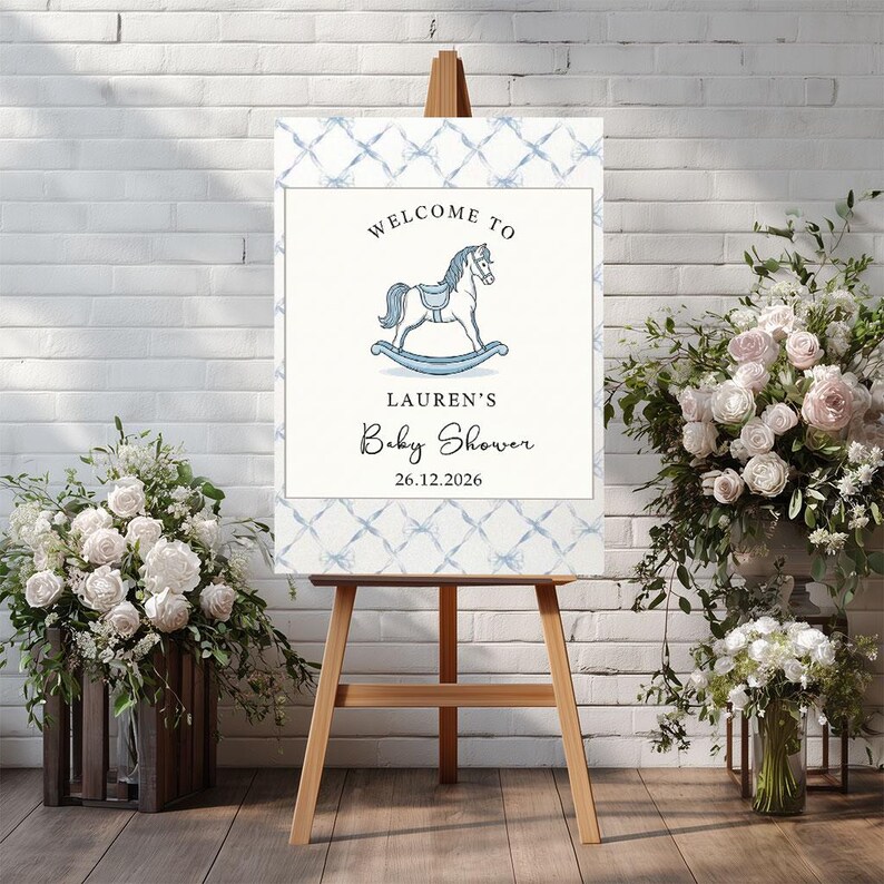Rocking Horse Baby Shower Welcome Sign Blue Nursery Decor Custom Name rocking-horse-baby-shower-welcome-sign-blue-nursery-decor-custom-name