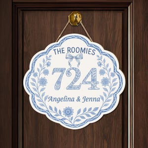 Custom Chinoiserie wooden Dorm Door Sign | Blue Floral Room Number Plaque | Personalized Name Door Hanger | Elegant College Dorm sign