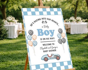 Race Car Baby Shower Welcome Sign, Blue Checkered Decor