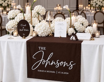 Personalized Brown Wedding Table Runner, Custom Last Name Sweetheart Table Decor