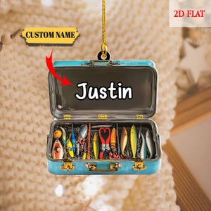 Adorno acrílico plano 2D personalizado de pescador, adorno navideño de pesca de lubina, recuerdo de herramientas de pesca personalizadas, adorno para amantes de la pesca