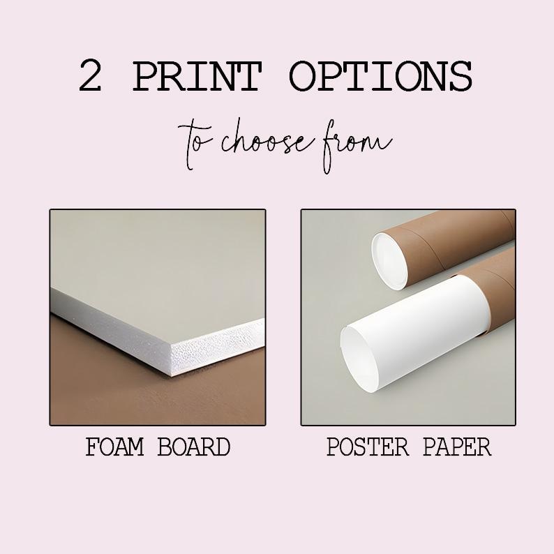 May include: Image showcasing two print options: foam board and poster paper. The text reads "2 Print Options to choose from." The foam board is a thick, light gray rectangle. The poster paper is rolled and presented in a brown tube.