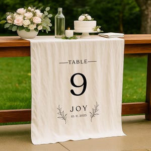 Linen Wedding Table Number Sign, Fabric Table Runner Banner, Elegant Reception Decor, Garden Wedding Table Signage, linen Wedding Style gift