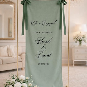 Banner de bienvenida de compromiso personalizado, letrero de tela de lino verde, fondo para fiesta de compromiso