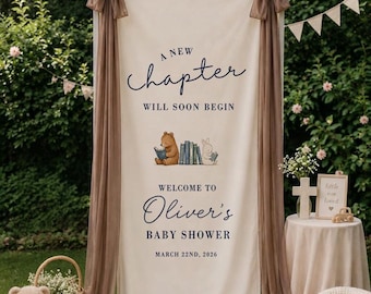 Striscione di benvenuto personalizzato per baby shower, cartello a tema "Un nuovo capitolo", decorazioni personalizzate per baby shower per maschietto, sfondo a tema libro di fiabe.