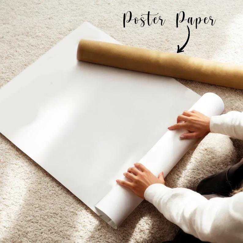 May include: A large sheet of white poster paper is being unrolled. A roll of brown paper is in the background. The text "Poster Paper" is written in black script above the paper.