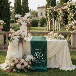 May include: A cream-colored table cloth with a dark green runner featuring the white text CHEERS TO A&R AMELIA & ROWAN EST. 2026. The table is decorated with white and pink floral arrangements, a gold candelabra with white candles, and small glass votives.