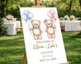Teddy Bear Gender Reveal Welcome Sign, Custom Name Poster or Foam Board