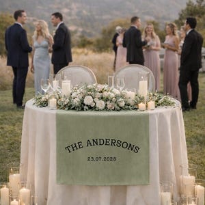 May include: A round table set for a wedding reception, draped with a white tablecloth and a sage green runner. The runner is printed with "THE ANDERSONS" and the date. The table is decorated with candles and floral arrangements.