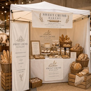 May include: A bakery market stall featuring a white canopy and banners labeled Sweet Crumb Bakery. The display includes wicker baskets filled with various breads, a tiered stand with cupcakes, and a menu board on a table covered with a white cloth.