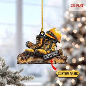 Gepersonaliseerde bouwvakkerornament – aangepaste naam veiligheidshelm en werklaarzen Kerstboomdecoratie Cadeau voor custom bouwer cadeau 2025