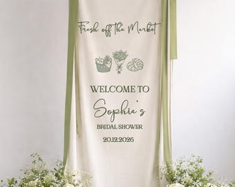 Banner de despedida de soltera recién salida del mercado, telón de fondo para despedida de soltera en el mercado de agricultores, letrero de bienvenida personalizado