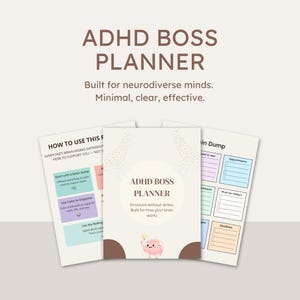 Puede incluir: Planificador ADHD Boss con un gráfico de cerebro rosa. El planificador incluye páginas con el texto "How to Use This" y "Brain Dump". El planificador está diseñado para mentes neurodiversas y estructurado para reducir el estrés.