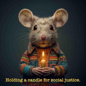 May include: A detailed illustration of a mouse wearing a colorful sweater, holding a lit candle. The image has the text "Holding a candle for social justice" at the bottom. The mouse has large ears and dark eyes.