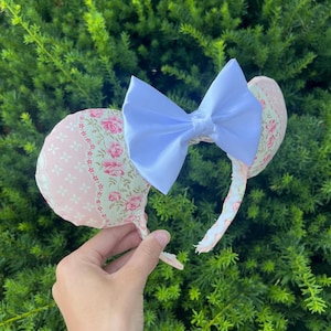 Fancy Floral Minnie Mouse Inspired Ears with White Satin Bow – Fairytale Disney Headband-For Disney Park Trips