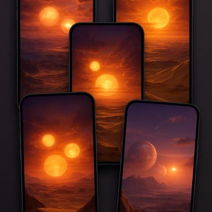 Könnte beinhalten: Fünf Smartphones zeigen eine Sonnenuntergangsszene mit mehreren Sonnen über einer Wüstenlandschaft. Der Himmel geht von Orange zu Lila über, wobei die Sonnen als helle Kugeln erscheinen. Das Gesamtthema ist Fantasie und himmlisch.