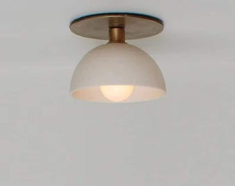 Handmade Brass Flush Mount Light, White Shade Lamp, Pendent Light For Bedroom, Bathroom & Entryway !
