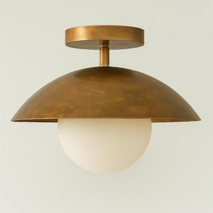 Mid-Century Modern Flush Mount Ceiling Light | Brass Glass Globe Chandelier | Minimalist Rustic Lighting Fixture