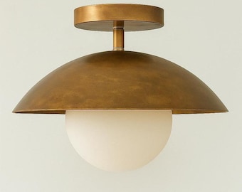 Mid-Century Modern Flush Mount Ceiling Light | Brass Glass Globe Chandelier | Minimalist Rustic Lighting Fixture